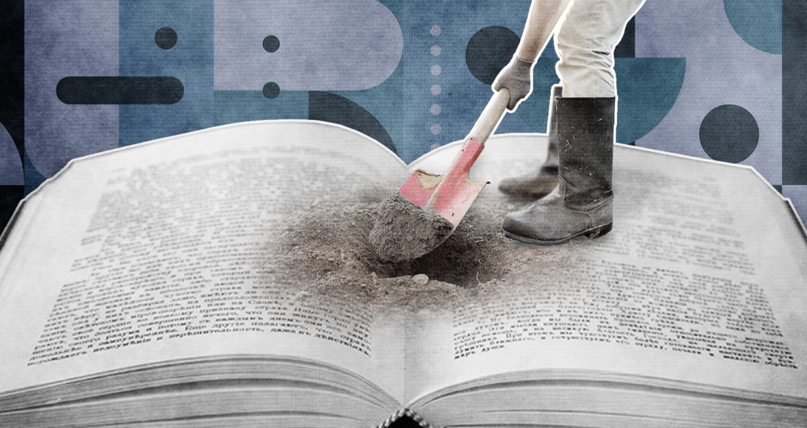A pair of legs in boots stand on an open book, with a shovel digging into its pages. The background features abstract shapes in blue and gray tones.