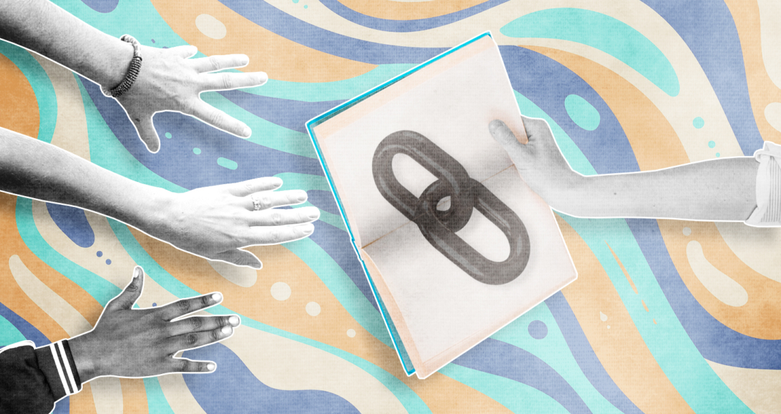 Four hands reaching towards an open book featuring a large chain link illustration, set against a colorful abstract background.