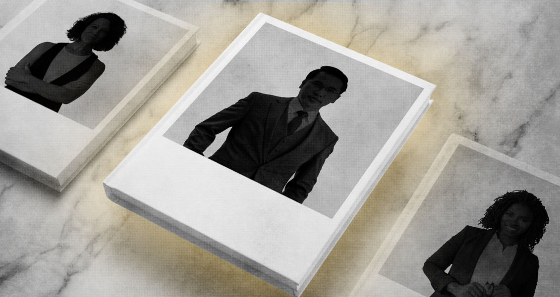 Silhouettes of three individuals in business attire on Polaroid photos, arranged on a marble surface.