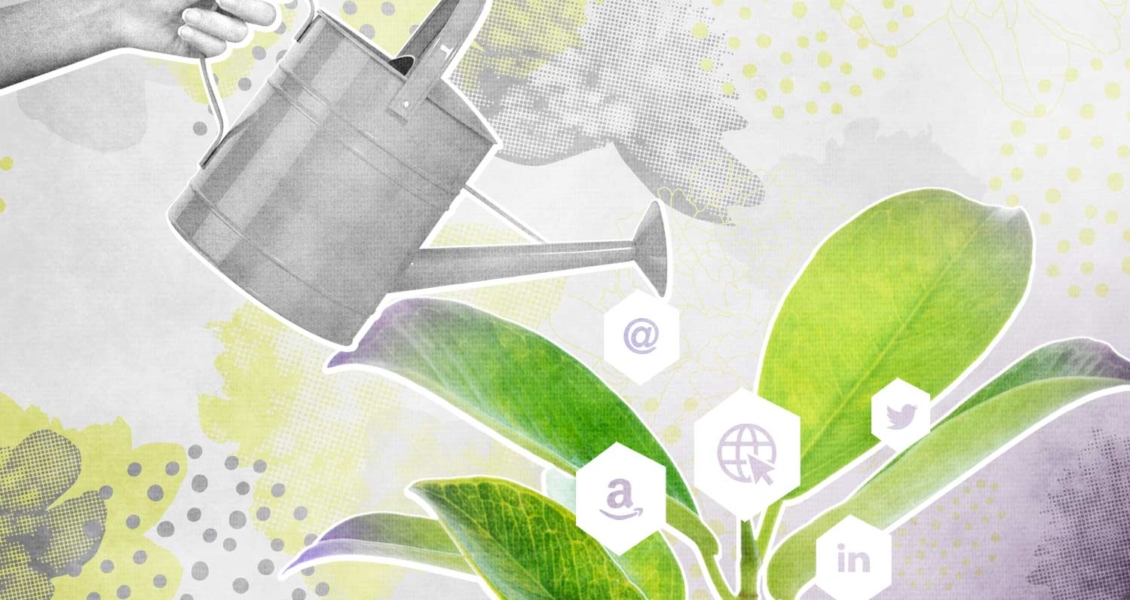 illustration of watering a plant with social images on it