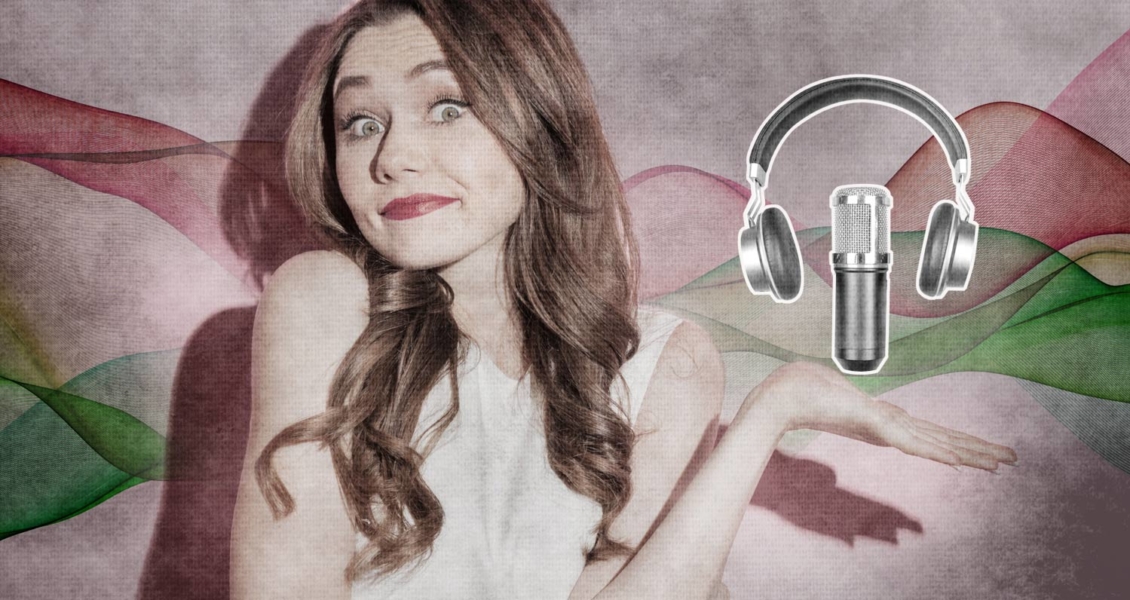 woman next to a pair of headphones