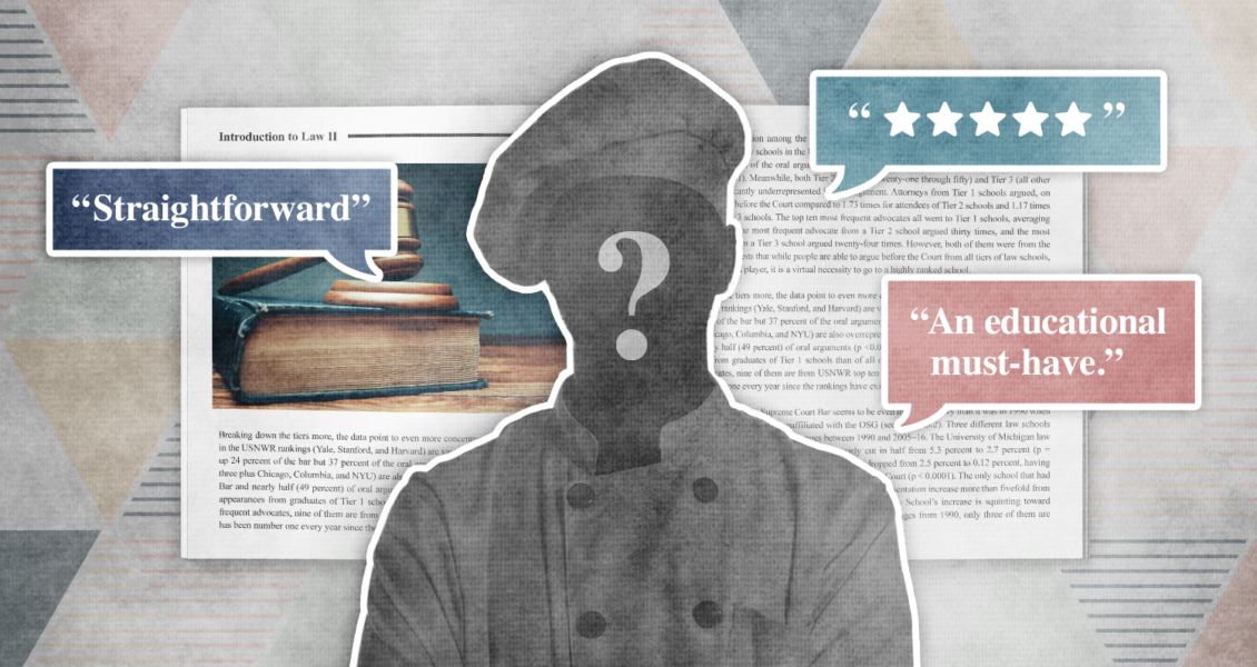 Silhouette of a chef with speech bubbles, a book, and paper in the background.