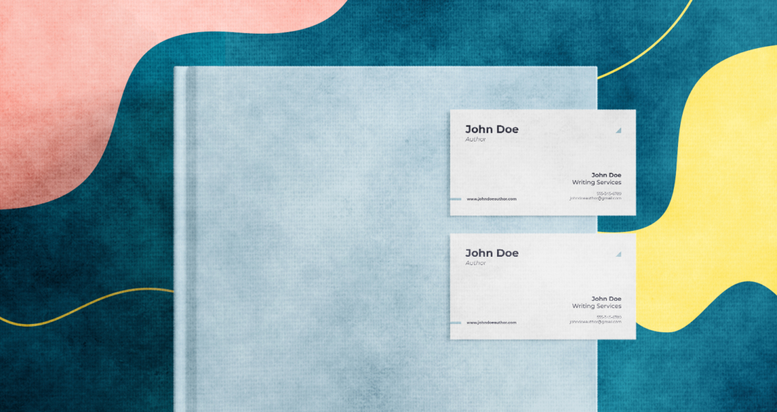 A blue book with two business cards on it. The cards display the name "John Doe," and the title "Author." The background features abstract colorful shapes.