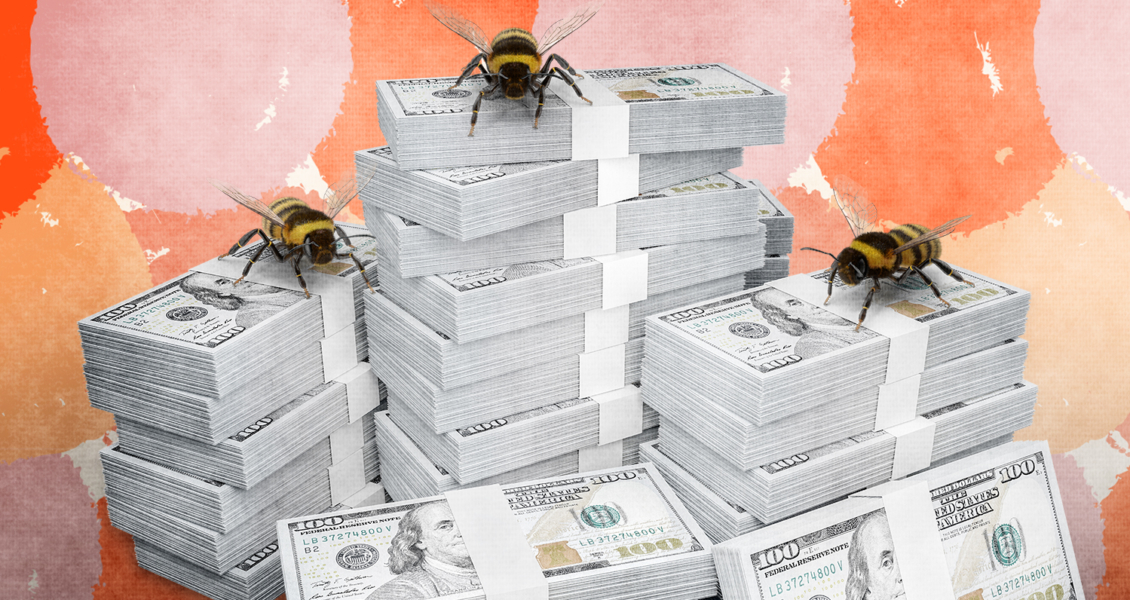 Stacks of US dollar bills arranged in piles with three bees resting on top, set against a colorful, abstract background.