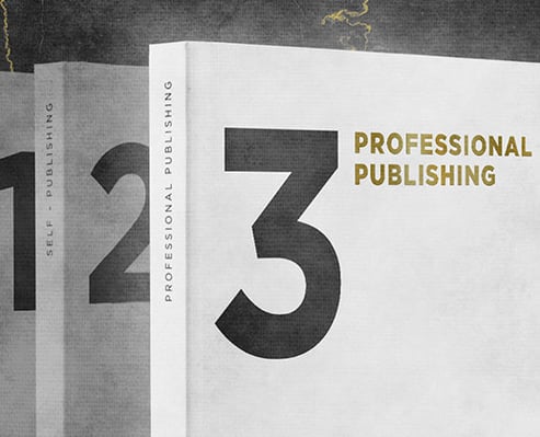 Close-up of three book spines labeled with numbers 1 to 3, focusing on "3 Professional Publishing," set against a dark, textured background.