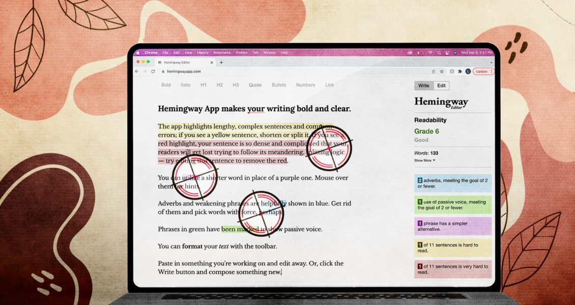 Laptop screen displaying the Hemingway App interface with text analysis. Red annotations highlight complex sentences and passive voice. Background has abstract leaf patterns in muted colors.