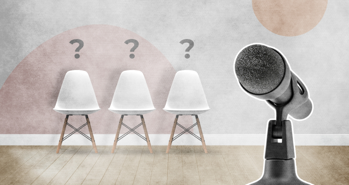 image of 3 chairs with question marks above them and a microphone in the foreground