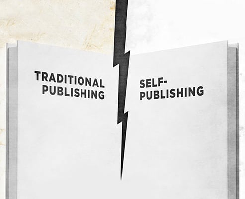 An open book with a jagged line dividing two sections labeled "Traditional Publishing" and "Self-Publishing.