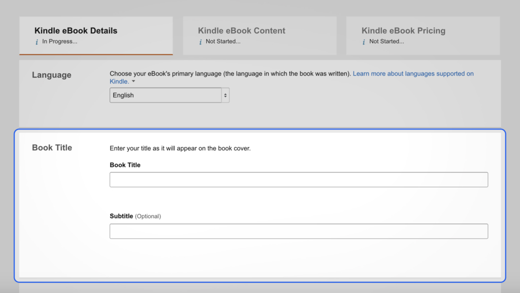 Book Title box on the first book entry page