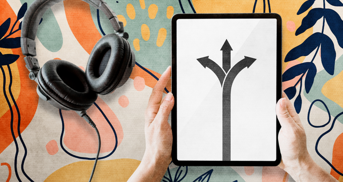 headphones with tablet with arrows in different directions