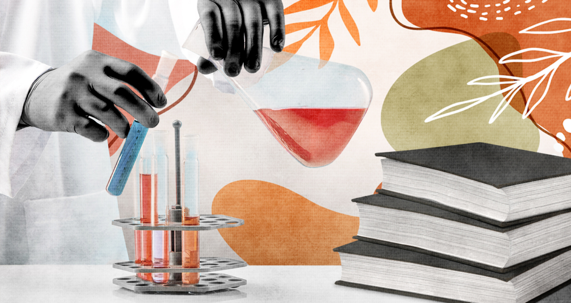 science experiment with stack of books