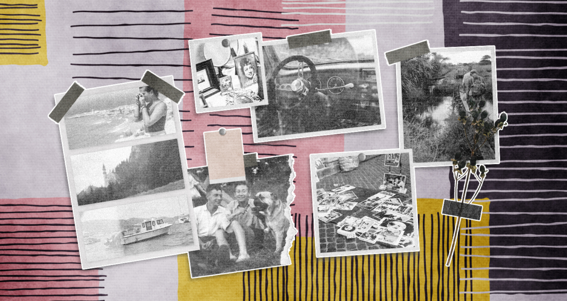 black and white images taped to background