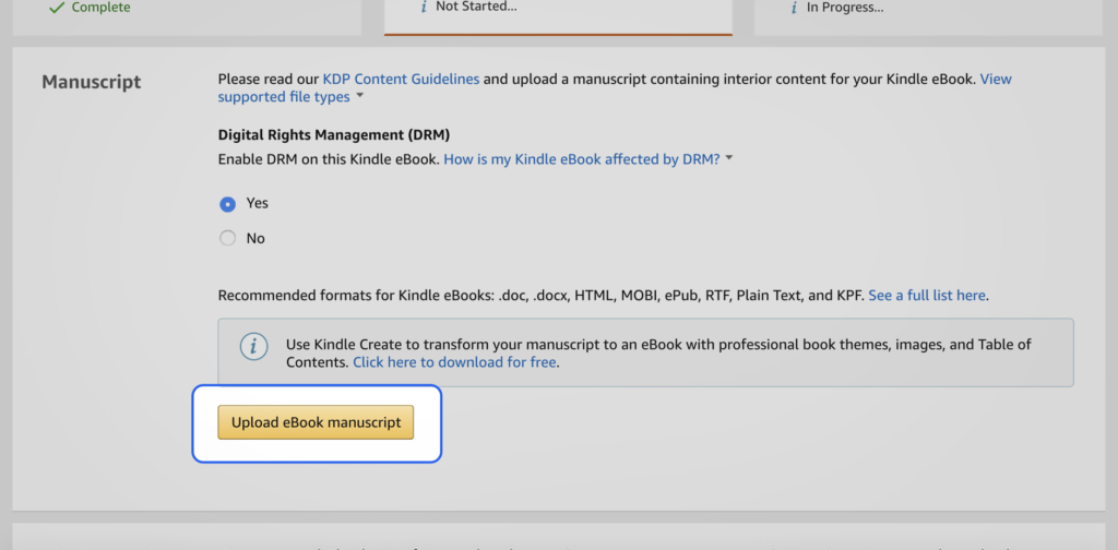 Upload eBook manuscript button