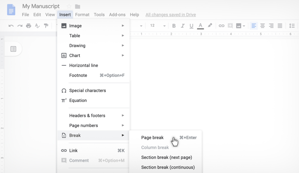 how to insert a page break in Google Docs