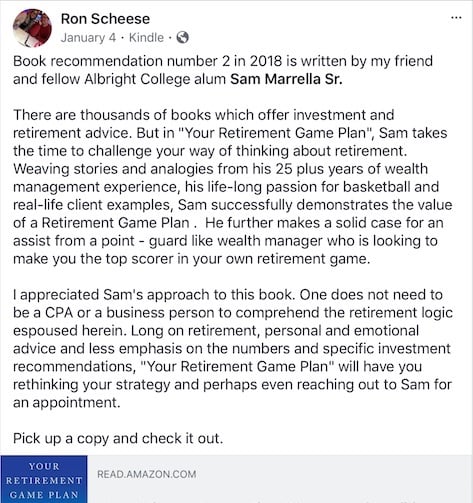 Facebook post giving praise to Sam Marella's book