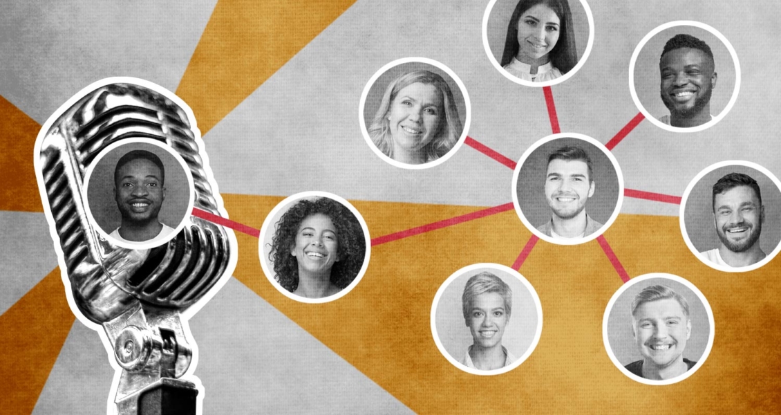 microphone with author headshots