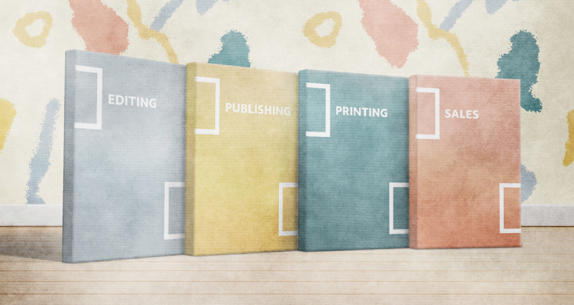 Four books titled "Editing," "Publishing," "Printing," and "Sales" stand upright on a wooden floor against a wall with abstract patterns.