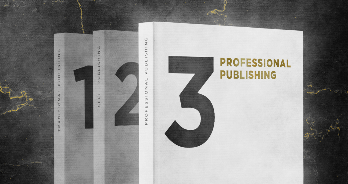 Three books titled "Traditional Publishing," "Self Publishing," and "Professional Publishing" are aligned in ascending order.