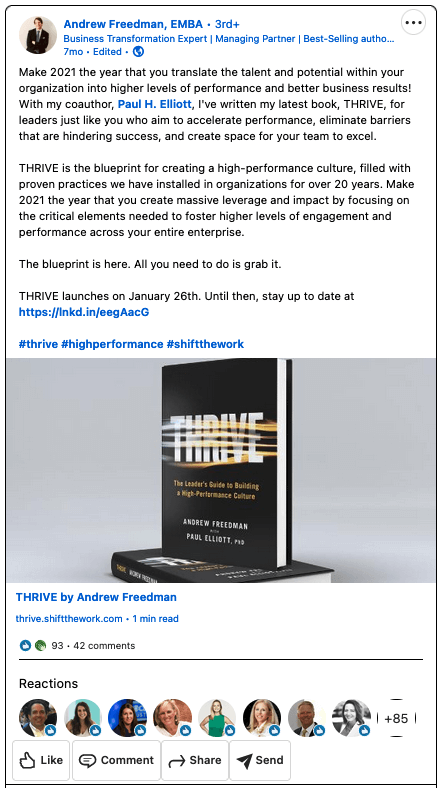 Book launch social media campaign example: Andrew Freedman's "Thrive"