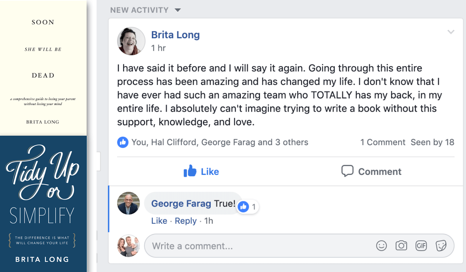Testimonial of Scribe Media's book coaching service: Guided Author; Brita Long's Facebook post: "I have said it before and I will say it again. Going through this entire process has been amazing and has changed my life..."