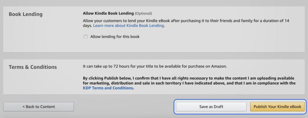 Save as Draft and Publish Your Kindle eBook buttons