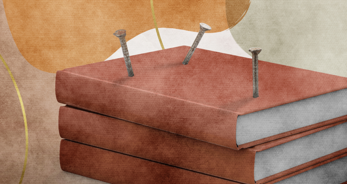 Three red books stacked with three large nails driven through them, as if sealing an unfinished tale, are set against an abstract background of muted colors.