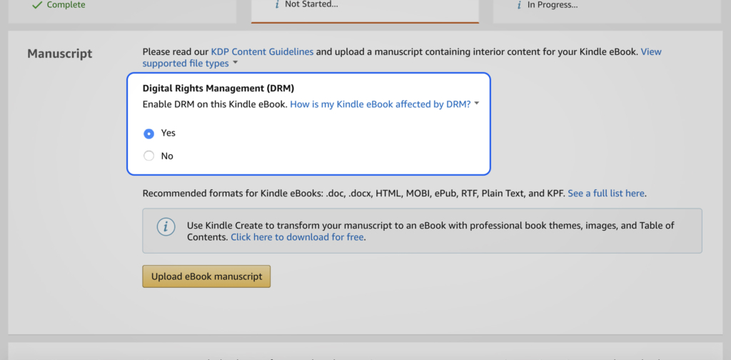 Manuscript box with an arrow pointing to the DRM buttons