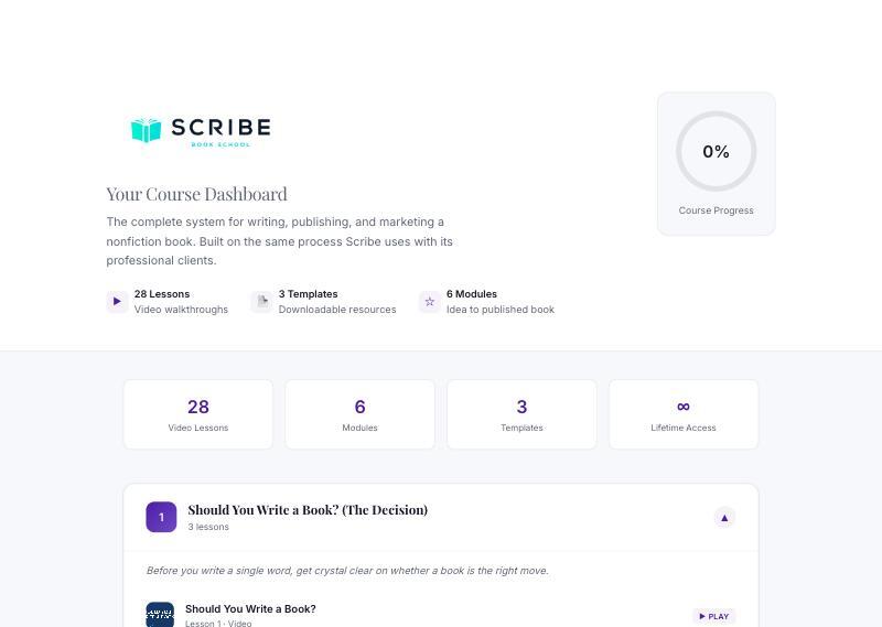 The Scribe Book School course dashboard
