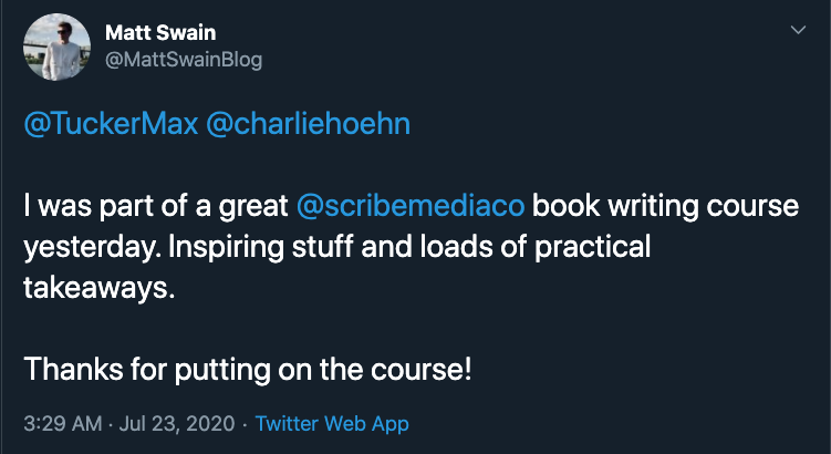 Matt Swain praising the course as inspiring with practical takeaways