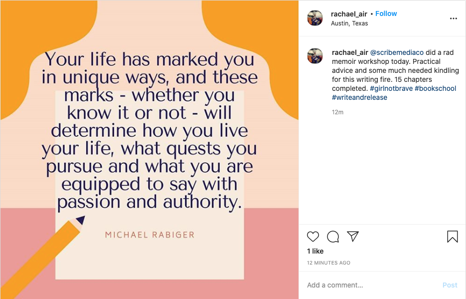 Rachael praising the practical advice from the memoir workshop