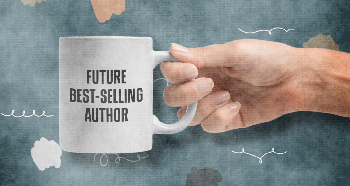 hand holding bestselling author mug