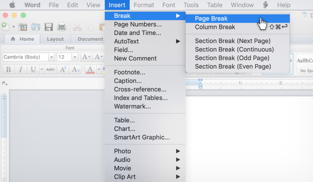 how to insert a page break in Word