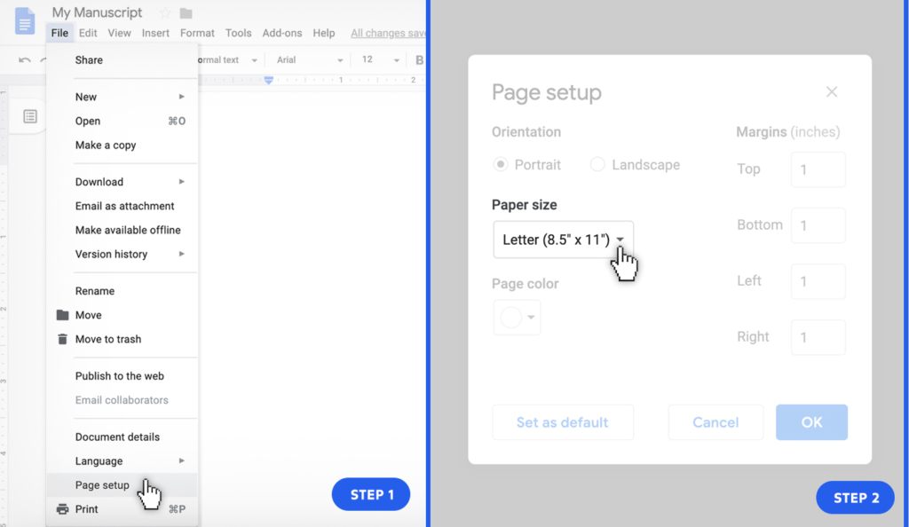 proper page size in Google Docs