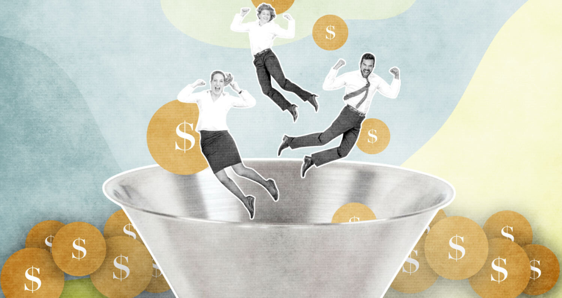 people jumping into a funnel surrounded by coins