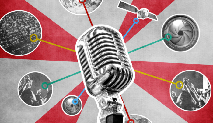 microphone on a gray and red background