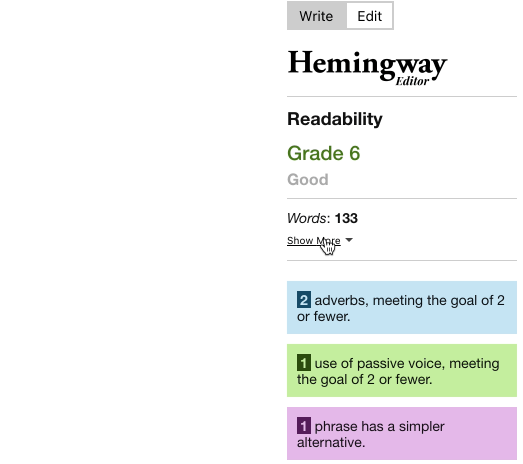 Hemingway Editor Show More Menu for Reading Time and Other Data