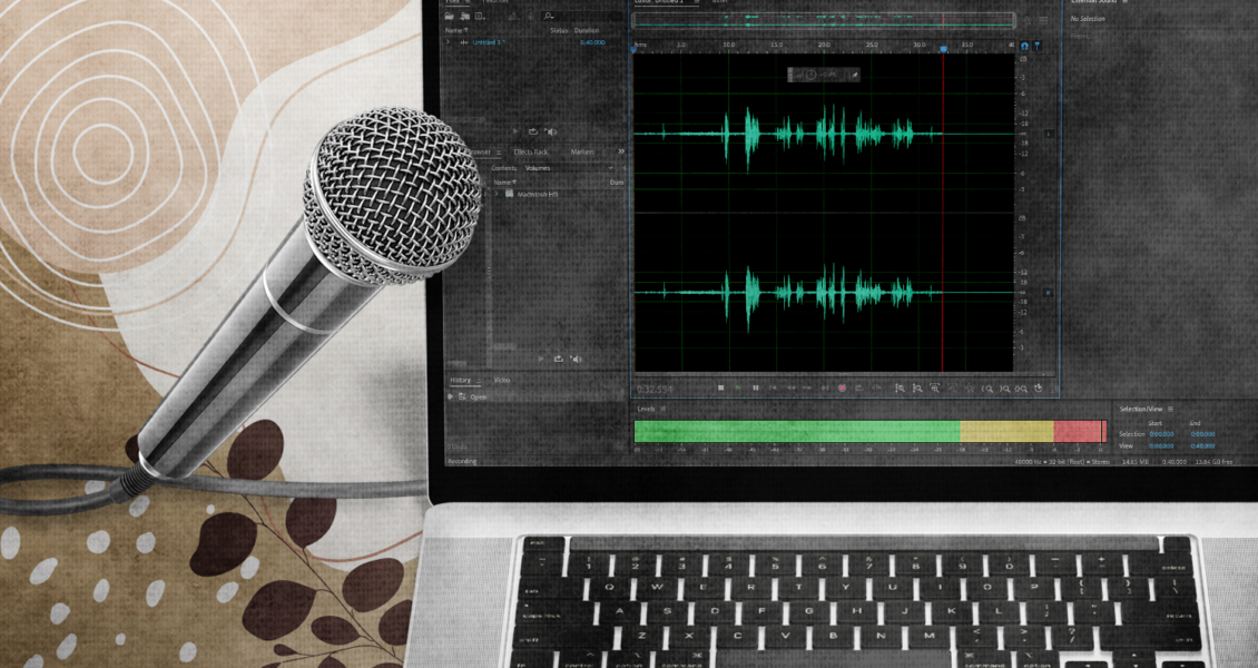 audio editing software on computer with microphone