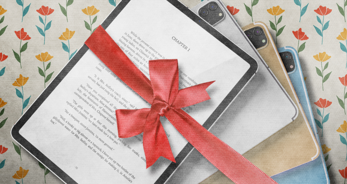 tablets with ebook wrapped in ribbon