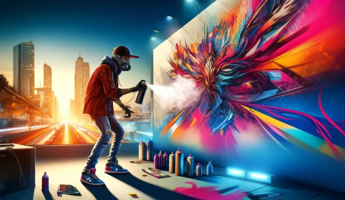 Dynamic image of a graffiti artist spray painting a colorful mural on an urban wall. The artist, dressed in casual streetwear and a protective mask, is in motion, wielding a spray can against a backdrop of a cityscape with buildings and street lights. The mural features bright, intricate designs, adding a vibrant touch to the urban setting.